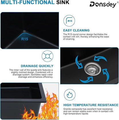33 Inch Drop in Granite Composite Black Kitchen Sink-Donsdey Double Bowl Topmount 60/40 Basin Quartz Workstation Sink with Luxury Accessories Easy Cleaning Noise Reduction