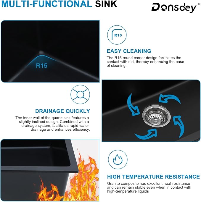 33 Inch Black Undermount Granite Composite Kitchen Sink- Under Counter Quartz Double Bowl Workstation Sinks with Accessories Quick Drain Noise Reduction Classic Style