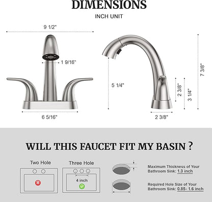 Ultimate Unicorn Brushed Nickel Bathroom Sink Faucet - 4 Inch Centerset Pull Down Vanity Faucets 3 Hole with Pop Up Drain - Two Handle Modern Washbasin Tap Set with Pull Out Sprayer for Rv Restroom