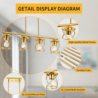 mavcadonf Kitchen Island Light, 4-Light Dining Room Lighting Fixtures Hanging, Farmhouse Linear Pendant Light for Kitchen Island Table Living Room with Adjustable Rods, Brushed Gold