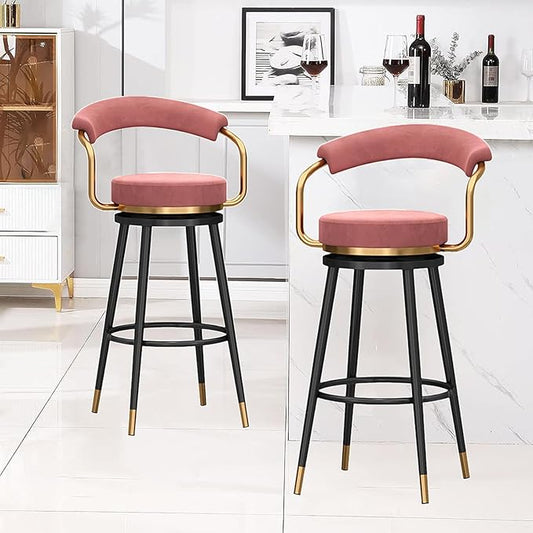 Swivel stools 1PC, Velvet Upholstered Stools with Hollow Back, Metal Chair Legs & Footrest for Kitchen Island Dining Room Pub Home, Seat Height 65cm, Black (Pink Seat Height 65cm)