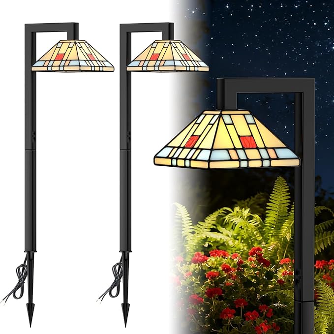 Low Voltage Landscape Lighting, 3W LED Pathway Lights with Handmade Tiffany Glass, 12V Waterproof Outdoor Lights for Garden, Yard, Walkway (2 Pack)