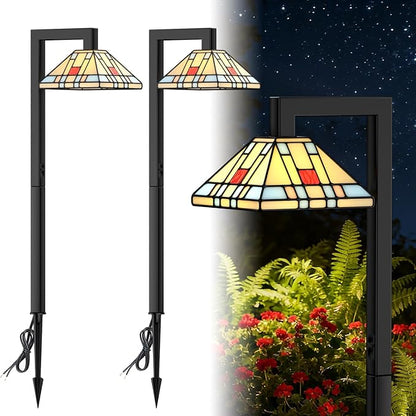 Low Voltage Landscape Lighting, 3W LED Pathway Lights with Handmade Tiffany Glass, 12V Waterproof Outdoor Lights for Garden, Yard, Walkway (2 Pack)