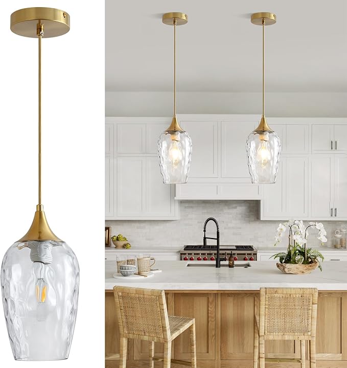 Glass Pendant Lights Kitchen Island, Gold Pendant Light Fixtures with Hand-Blown Clear Glass Modem Farmhouse Hanging Light for Kitchen Sink Dining Room Bedroom