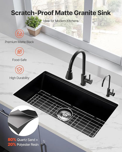 VEVOR 33 inch Kitchen Sink Workstation, Top Mount Granite Sinks, Drop-In Single Bowl Farmhouse Basin with Multiple Accessories, Household Dishwasher Sinks (18"D x 30"W x 9"H)