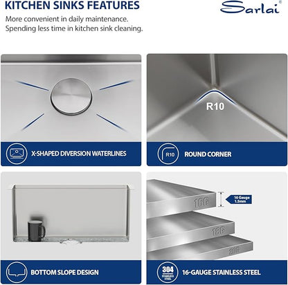 Sarlai 25 Inch Kitchen Sink Undermount - 25"x19" Undermount Sink Ledge Workstation Stainless Steel 16 Gauge Deep Single Bowl Under Counter Kitchen Sinks with Accessories