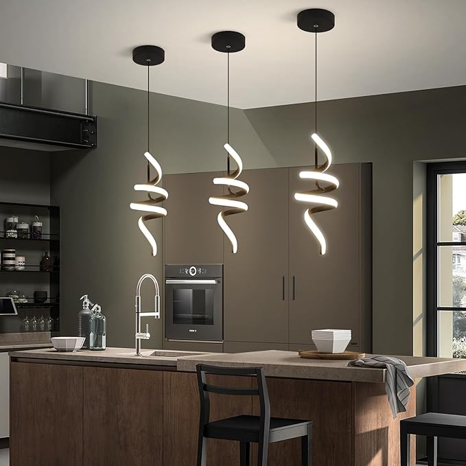 4000K Modern Pendant Light, 15IN Spiral LED Pendant Lights Adjustable Height Black Kitchen Island Fixtures Chandeliers for Dining Room Hanging Lights, 1 Pack (Black,4000K, Hardwired,2PACKS)