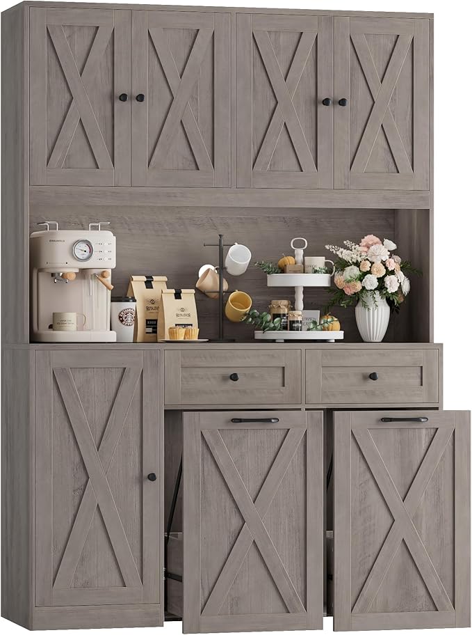 HOSTACK 71" H Kitchen Trash Can Cabinet, 12.5 Gallon Double Pull Out Garbage Can Hutch Cabinet with Trash Bin Storage Holders, 47" Wide Kitchen Pantry with Hidden Garbage Storage, Ash Grey