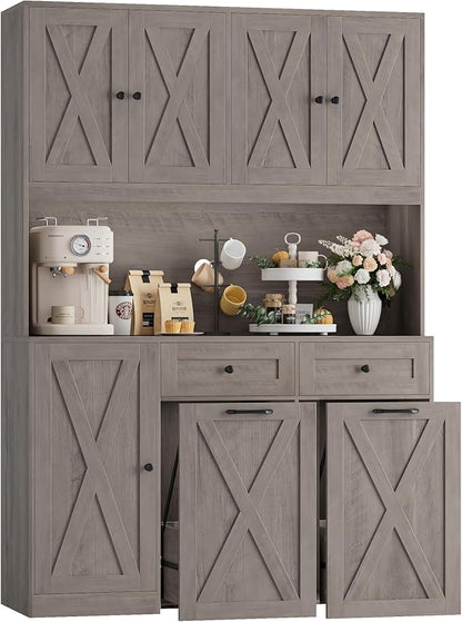 HOSTACK 71" H Kitchen Trash Can Cabinet, 12.5 Gallon Double Pull Out Garbage Can Hutch Cabinet with Trash Bin Storage Holders, 47" Wide Kitchen Pantry with Hidden Garbage Storage, Ash Grey