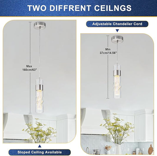 WILON Pendant Lights Kitchen Island, 9W Modern Kitchen Island Lights Brushed Nickel, Ceiling Lighting Fixtures with Crystal Bubble, Integrated LED Hanging Light for Dining Room Restaurant(1 Pack)