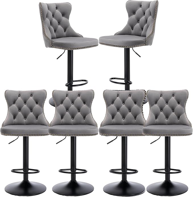 Rhomtree Velvet Swivel Bar Stools Upholstered Bar Stool with Button Tufted Back and Pull Ring Height Adjustable Barstools 25-33 Inch for Home Pub and Kitchen Island (Gray with Black Base, Set of 6)