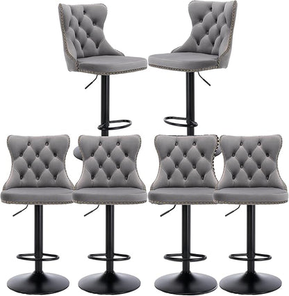 Rhomtree Velvet Swivel Bar Stools Upholstered Bar Stool with Button Tufted Back and Pull Ring Height Adjustable Barstools 25-33 Inch for Home Pub and Kitchen Island (Gray with Black Base, Set of 6)