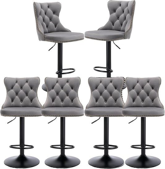 Rhomtree Velvet Swivel Bar Stools Upholstered Bar Stool with Button Tufted Back and Pull Ring Height Adjustable Barstools 25-33 Inch for Home Pub and Kitchen Island (Gray with Black Base, Set of 6)