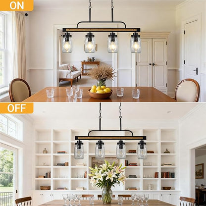 4-Light Farmhouse Dining Room Chandelier, Black Mason Jar Chandelier Lighting Fixture for Kitchen Island, Dining Room, Rustic Linear Cluster Hanging Pendant Light, Faux Wood with Glass Shade