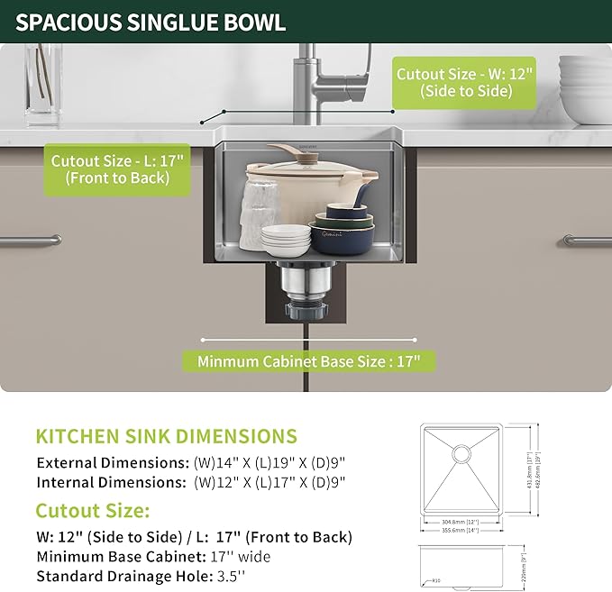Undermount Kitchen Bar Sink 14 x 19 Inch, SINKVINE Workstation Prep Sink for Outdoor RV, Stainless Steel Single Bowl Basin with Drain Strainer, Bottom Grid, Wood Cutting Board and Roll-up Drying Unit