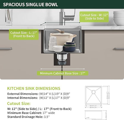 Undermount Kitchen Bar Sink 14 x 19 Inch, SINKVINE Workstation Prep Sink for Outdoor RV, Stainless Steel Single Bowl Basin with Drain Strainer, Bottom Grid, Wood Cutting Board and Roll-up Drying Unit