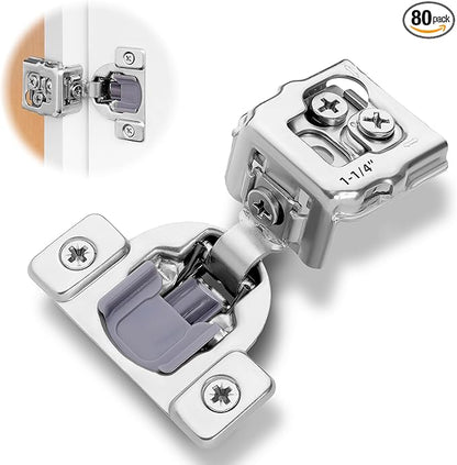 Decobasics 80 Pack Soft Close Cabinet Hinges 1-1/4" Overlay for Kitchen Cabinet Doors, Slow Self-Closing Concealed Hidden Hinges for Face Frame –Stainless Steel, 3-Way Adjustable & Quiet Close Damper