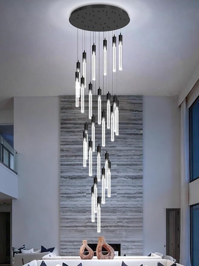 Flashing God Black 28 Lights Large Foyer Chandeliers for High Ceilings 12 feet Long Spiral Stair Pendant Chandelier Crystal Ceiling Light Fixtures Dimmable 2700k-4500k-6000k