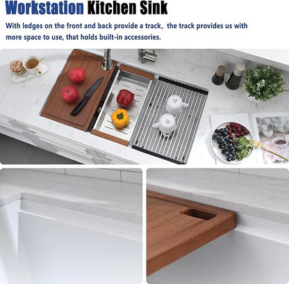 33x19 White Double Bowl Kitchen Sink Undermount - 33 Inch White Undermount Granite Kitchen Sink, Double Bowl Granite Sink Workstation with Accessories