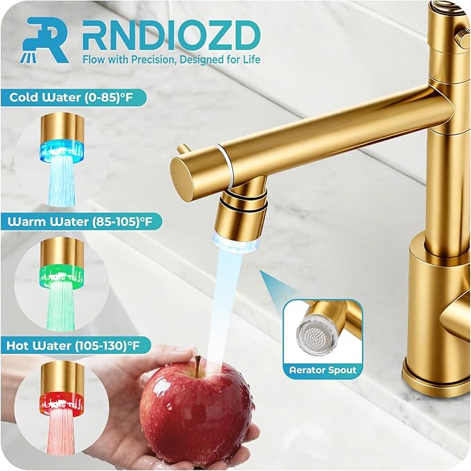 LED Kitchen Faucet with Pull Down Sprayer - Brushed Gold Single Handle Commercial Kitchen Faucets, 2-Spout Stainless Steel Spring Pull Out Kitchen Sink Faucet 1/3 Hole with Deck Plate