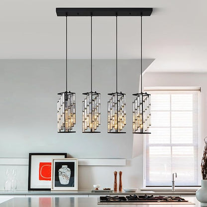 4-Light Adjustable Pendant Light, Modern Mini Crystal Chandelier with Black Metal Frame, Kitchen Island Lighting for Dining Room, Bedroom, Easy Installation
