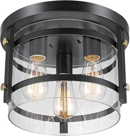 Globe Electric 60417 3-Light Flush Mount Ceiling Fixture, Dark Bronze Finish, Brass Detail, Clear Glass Shade, Modern Lighting for Kitchen, Bedroom, or Dining Room, Rustic, E26 Base