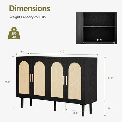 Large Sideboard Buffet Cabinet with Storage, Modern Credenza Buffet Table Coffee Bar Wine Bar Storage Cabinet with Artistic Carved Handle for Dining Room Living Room, (Black&Oak)