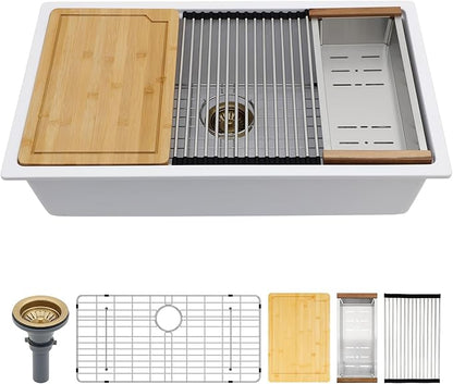 30 Inch Undermount Kitchen Sink White Granite Composite Kitchen Sinks Quartz Workstation Ledge Single Bowl Under Counter Large Deep Classic Sinks 30" x 19" x 10"