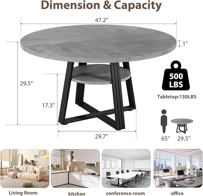 47 Inch Round Dining Table for 4-6, Modern Farmhouse Circle Kitchen Table with Storage Shelf, Metal Cross Base & Adjustable Feet for Dining Room, Apartment, Small Space, Grey