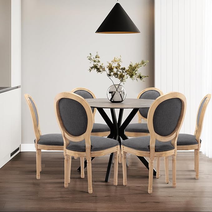 SoarFlash French Dining Chairs Set of 6, Vantage Linen Dining Chair with Round Back, Farmhouse Country Dining Chair for Living Room,Kitchen,Restaurant,Deep Grey