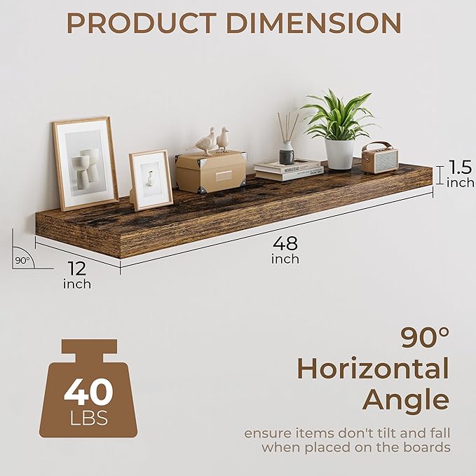 RICHFOCUS Deep Floating Shelves for Wall 2 Pack 12" D 48 Inch Wall Shelves for Room Wall|Wood Hanging Shelf with Invisible Brackets for Bathroom Bedroom Kitchen Laundry Room, Rustic Brown