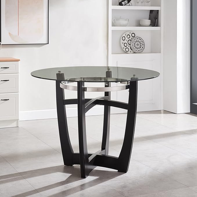 42" Round High Top Glass Dining Table, 42" Bar Height, Solid Wood Base & 1/2" Tempered Glass - Modern Kitchen & Dining Room Furniture