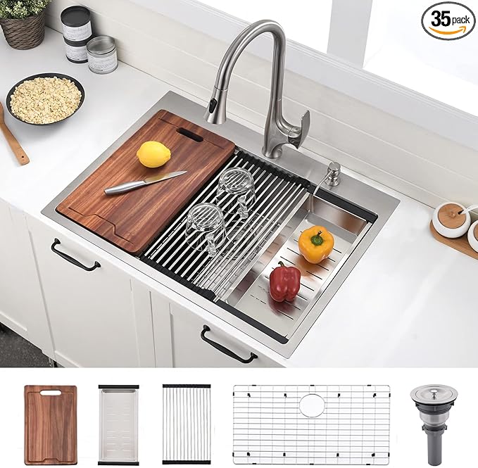 30 Inch Drop In Kitchen Sink Workstation Stainless Steel - VOKIM 30 x22-Inch Single Bowl Kitchen Sink 16 Gauge Stainless Steel 10'' Deep Handmade Kitchen Sink with Cutting Board& Strainer