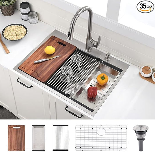 30 Inch Drop In Kitchen Sink Workstation Stainless Steel - VOKIM 30 x22-Inch Single Bowl Kitchen Sink 16 Gauge Stainless Steel 10'' Deep Handmade Kitchen Sink with Cutting Board& Strainer