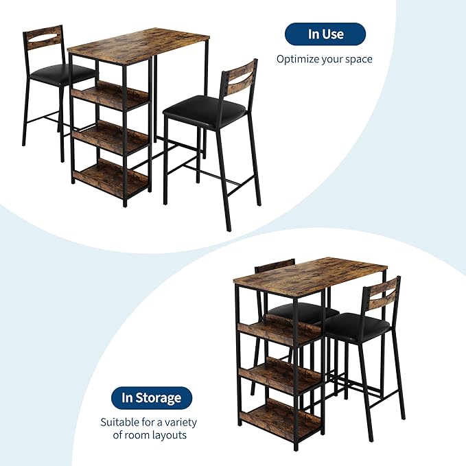 GarveeHome 3-Piece Kitchen Table Set with Storage Shelves & 2 Upholstered Chairs - Iron and Wood Dining Table for Small Spaces, Apartments, Condos, Rustic Brown