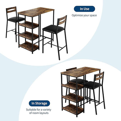 IDEALHOUSE 36" Counter Height Dining Table Set for 2 with Upholstered Bar Chairs and Storage Shelves, Space-Saving Kitchen Table for Small Space, Apartment, Studio, Rustic Brown