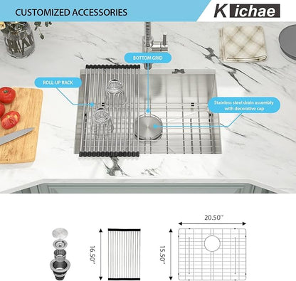 Kichae 23 Inch Undermount Kitchen Sink Single Bowl 16 Gauge Stainless Steel Handmade Modern Bar Prep Small Kitchen Sink Round Corner
