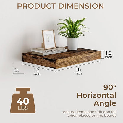 RICHFOCUS Deep Floating Shelves for Wall 2 Pack 12" D 16 Inch Wall Shelves for Room Wall|Wood Hanging Shelf with Invisible Brackets for Bathroom Bedroom Kitchen Laundry Room, Rustic Brown