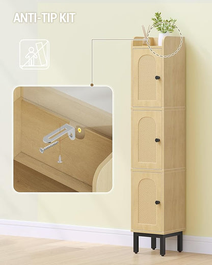 Hzuaneri Slim Bathroom Storage Cabinet, Narrow Bathroom Organizers and Storage with 4 Adjustable Feet, Laundry Room Organization for Small Space, Kitchen, Living Room, 3 Doors Rattan Yellow BC22302Y