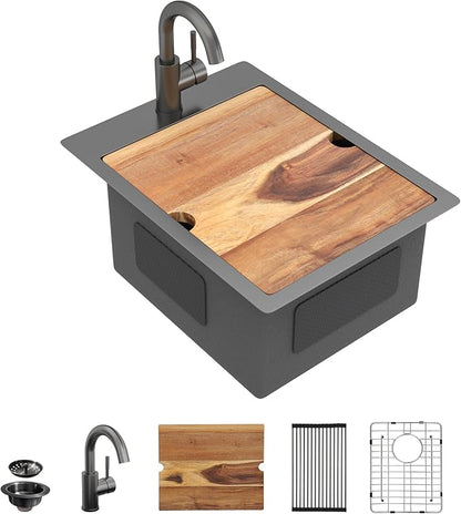 15"x20" Drop In Bar Prep Sink Workstation – Gunmetal Black NANO-PVD, 16 Gauge 304 Stainless Steel, Single Bowl Top Mount Wet Bar RV Outdoor Kitchen Sink with Faucet