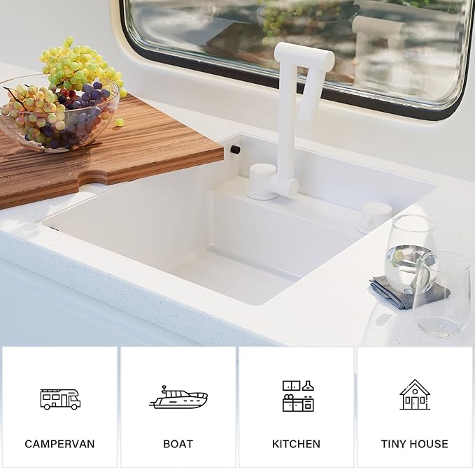TORVA RV Kitchen Sink, 15 x 18 x 7 Inch Undermount Bar Sink 16 Gauge Stainless Steel Single Bowl Sink with Foldable Faucet Cutting Board, White