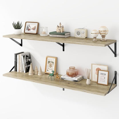 Acovy Deep Floating Shelves Wall Mounted, 48"x12" Gray Wall Shelves with Brackets Set of 2 for Bedroom, Living Room, Bathroom, Kitchen, Office - Storage & Display Shelf for Decor, Books, Plants