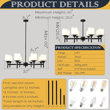 8-Light Farmhouse Chandelier for Dining Room Kitchen Island,Black Modern Pendant Lighting with White Frosted Glass Shades,Industrial Metal Hanging Ceiling Light Fixture for Bedroom Hallway