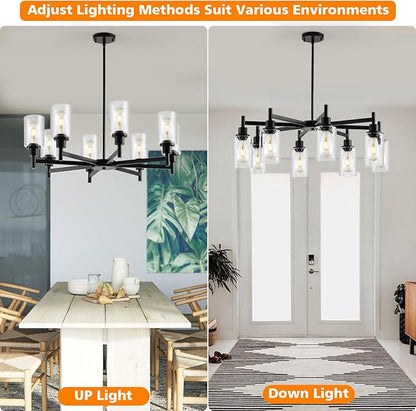 9MMML Farmhouse 8-Light Glass Chandelier, Modern Black Chandelier for Kitchen Dining Room Light Fixture Over Table, Industrial Chandelier for Living Room, Foyer, Entryway, E26 Bulb Base