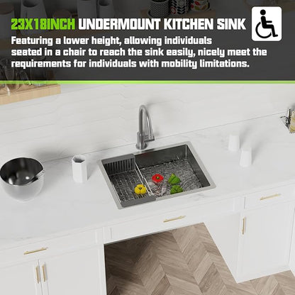 Stainless Steel Kitchen Sink, 23x18x5.5 Inch Low Height Design Single Bowl Undermount Kitchen Sink Come With Accessories Ensure Individuals With Limited Mobility Easily Accessing And Using
