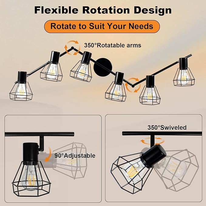 HiBay 6-Light Track Lighting, Directional Rotatable Ceiling Light Fixture, Black Farmhouse Track Spotlight for Kitchen, Bedroom, Living Room, E26 Base (Bulbs Not Included)