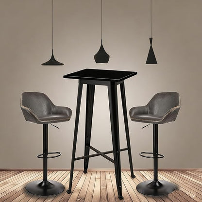 Glitzhome Bar Table and Chairs Set, Square Black Steel Pub Table with Soild Elm Wood Top and Bar Height Adjustable Swivel PU Leather Bar Stool for Breakfast Nook Living Room Small Space Restaurant