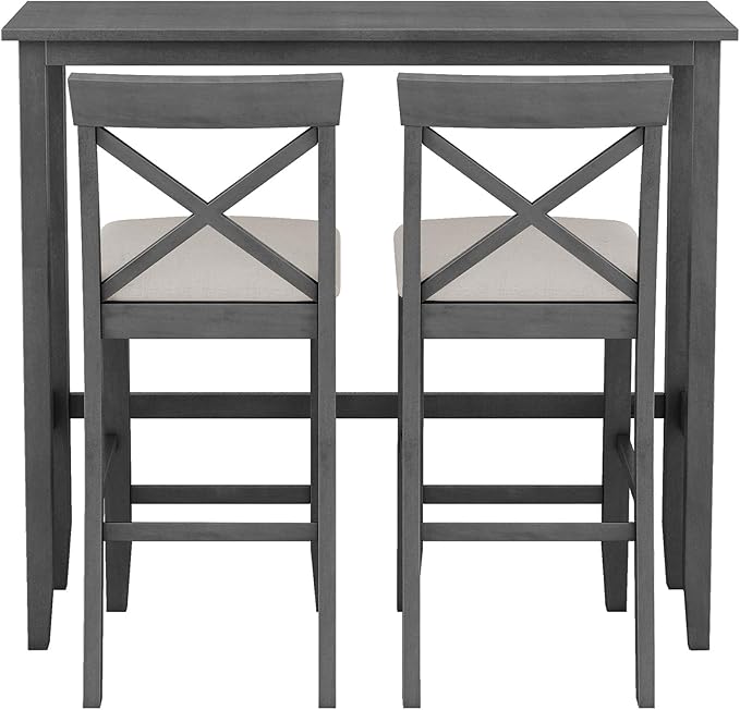 LUMISOL 3 Piece Pub Bar Table and Chair Set, Small Wood Counter Height Table Set, 3 Piece High Top Kitchen Table Set for Breakfast Nook, Gray
