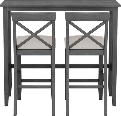 Farmhouse Bar Table Set of 3, Includes 48" Rectangular Wood Dining Table and 2 Bar Stools, Counter Height Kitchen Table Set for Small Spaces (Grey+ Beige + Solid Wood + Foam)