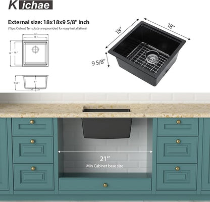 Kichae Black Undermount Bar Sink - 18 x 18 Black Composite Granite Undermount Wet Bar Prep Kitchen Sink